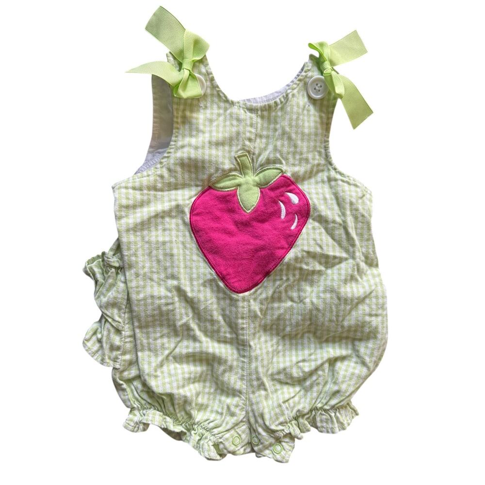 Starting Out Baby Girl Strawberry Bubble Romper Green Gingham 12M